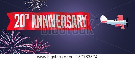 20 years anniversary vector illustration banner flyer icon symbol sign. Design element with biplane and fireworks for 20th anniversary birthday card