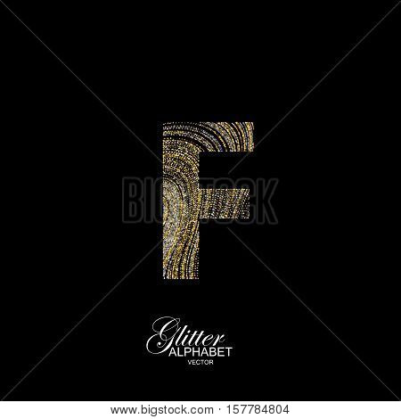 Letter F of golden and silver glitters. Typographic vector element for design. Part of marble texture imitation alphabet. Letter F with diffusion glitter lines swirly pattern. Vector illustration