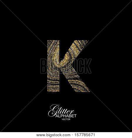 Letter K of golden and silver glitters. Typographic vector element for design. Part of marble texture imitation alphabet. Letter K with diffusion glitter lines swirly pattern. Vector illustration