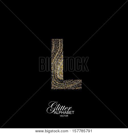 Letter L of golden and silver glitters. Typographic vector element for design. Part of marble texture imitation alphabet. Letter L with diffusion glitter lines swirly pattern. Vector illustration