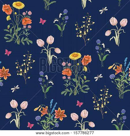 Tulip, dandelion, cornflower, delicate flower, vector pattern. wildflowers, poppy, chamomile, background