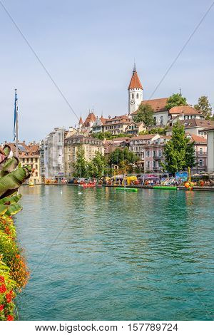 THUN,SWITZERLAND - SEPTEMBER 3,2016 - View at Thun Town with Aare river. Thun is a town and a municipality in the administrative district of Thun in the canton of Bern in Switzerland.