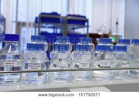 ST. PETERSBURG, RUSSIA - NOVEMBER 16, 2016: Flasks with liquids in the High-Throughput Biotechnology Laboratory of BIOCAD. It is one of the full-cycle drug development and manufacturing companies