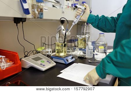 ST. PETERSBURG, RUSSIA - NOVEMBER 16, 2016: Researchers at work in the High-Throughput Biotechnology Laboratory of BIOCAD. It is one of the few full-cycle drug development and manufacturing companies