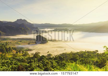 Beautiful sun rise phulangka mountain and the mist