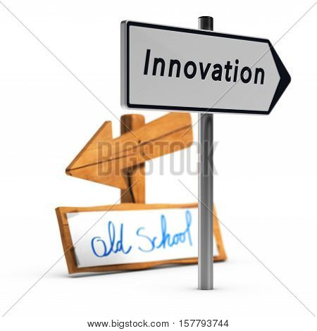 3D illustration of two road signs with text old school and innovation over white background Concept of innovative business