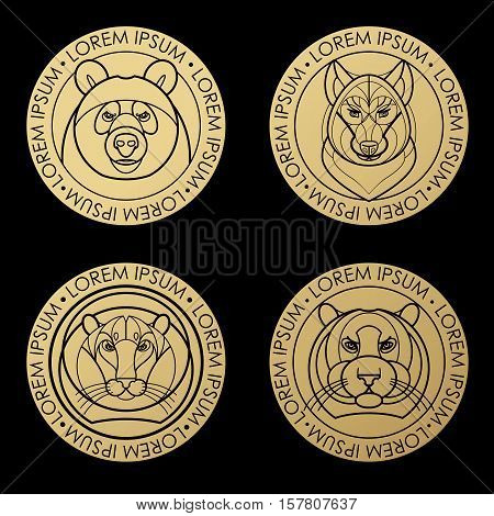 Predatory animal print gold foil on a black background. Vector illustration of a tiger lion bear wolf. Designed to create a logo icon in modern style mono line. Symbol of strength.