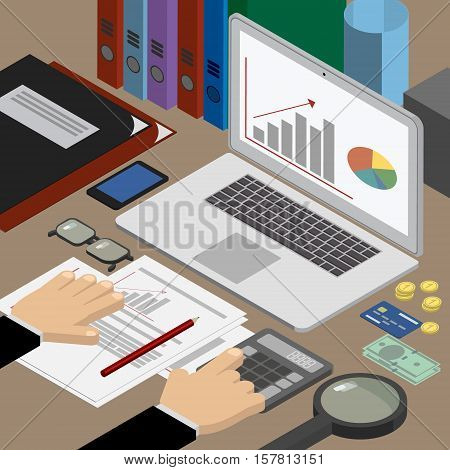 Finance and business. Analyst at the workplace checks reports. Workplace isometric