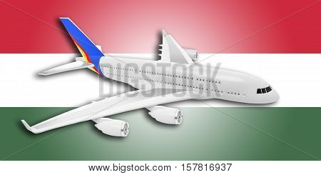 Plane on the background flag of the Hungary. Travel concept.