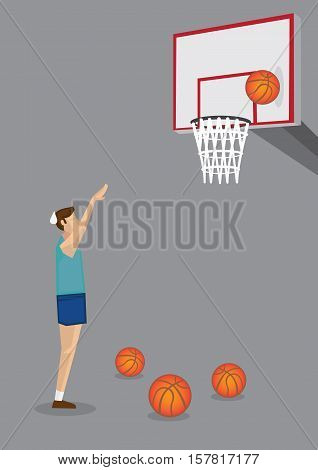 Hardworking male basketball player feeling bummed about missed shot during training session. Conceptual vector cartoon illustration isolated on grey background.