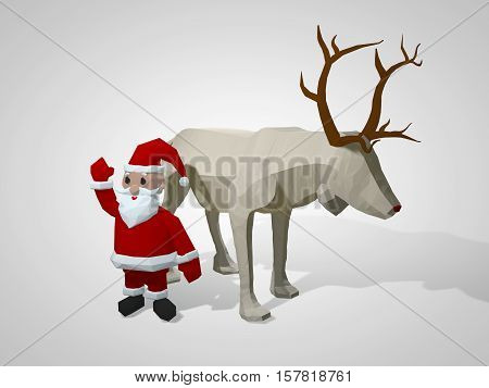 Origami reindeer and Santa Claus. Polygonal geometric style deer and santa cartoon characters christmas illustration. 3D illustration