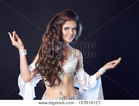 Bellydance. Beautiful Smiling Woman Belly Dancer Portrait. Sexy Arabian Turkish Oriental Professiona