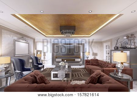 Living Room In Art Deco Style With Upholstered Designer Furniture.