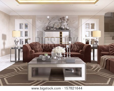 Living Room In Art Deco Style With Upholstered Designer Furniture.