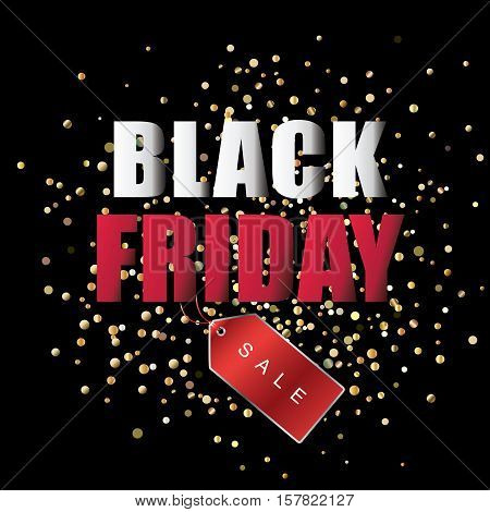 Black Friday Sale Poster with Shiny gold confetti on Black Background with price tage. Vector illustration.