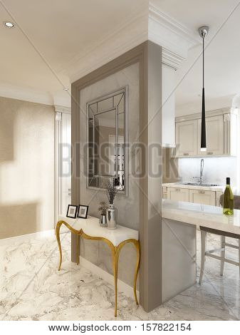 White Console Table With Gold Legs From Interior Walls With A Mirror.