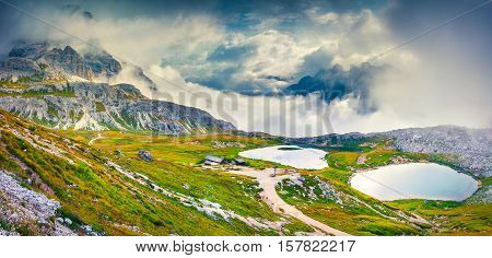 Foggy Morning Scene In The National Park Tre Cime Di Lavaredo