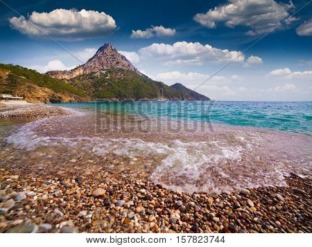 Picturesque Mediterranean Seascape In Turkey. Sunny Spring Day On Adrasan Beach With View Of Moses M