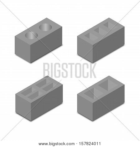 Set of four different shapes isometric cinder blocks design elements construction materials isolated on a white background vector illustration.