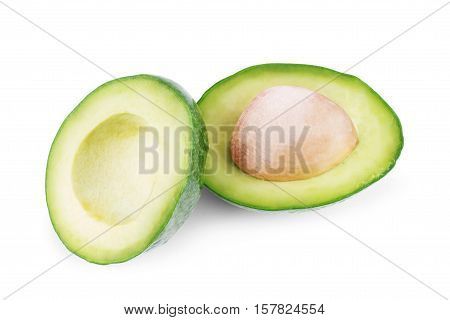 Two slices of avocado isolated on a white background. One slice with core. Design element for product label catalog print
