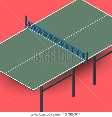 Table for tennis and ping pong in the isometric view isolated on red background design elements sports equipment vector illustration.