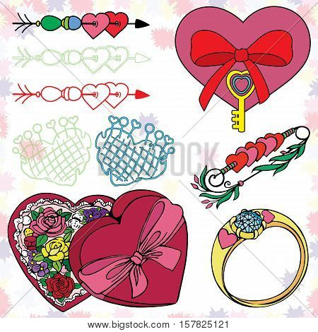 Set of vector elements. Hand drawn illustration for Saint Valentine day or wedding