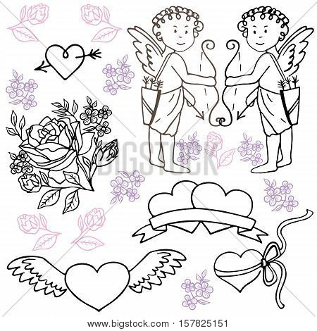 Set of vector elements. Hand drawn illustration for Saint Valentine day wedding or Birthday