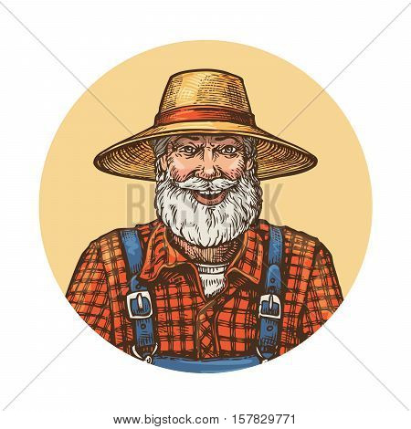 Smiling farmer in straw hat. Gardener or beekeeper vector illustration isolated on white background