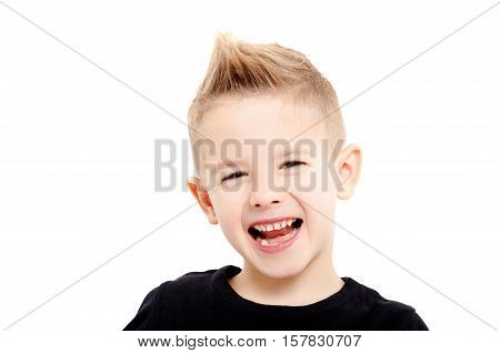 Portrait of attractive laughing boy with stylish hairstyle, closeup, isolated on white background