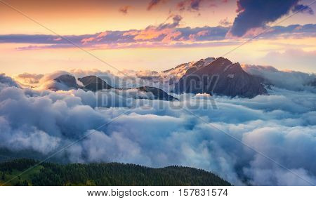 Panorama Of The Sunrise In Foggy Val Di Fassa Valley