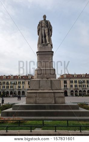 CUNEO ITALY - OCTOBER 19 2016: Giuseppe Barbaroux Monument in the Piazza Tancredi Galimberti the main square of Cuneo is also known as il salotto and has an area of 24000 square meters