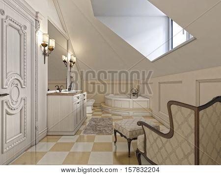 Big Louge Chair In The Bathroom In Provence Style In The Attic With A Roof Window.