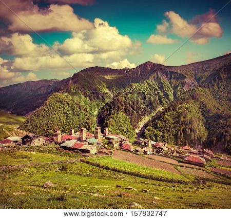 Summer sunny morning in the village Adishi. Upper Svaneti Georgia Europe. Retro style.