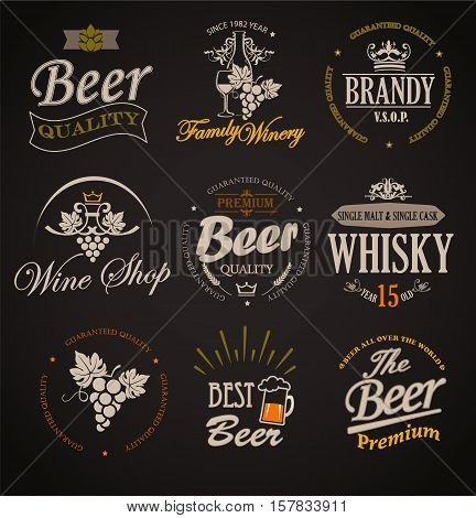 Set of badges and labels elements for alcohol drinks - vector illustration.
