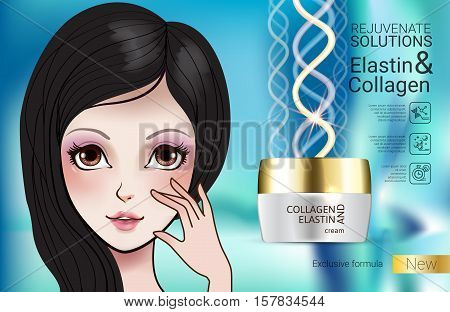 Collagen solution intensive cream ads. Vector Illustration with Manga style girl and Collagen and Elastin cream container.