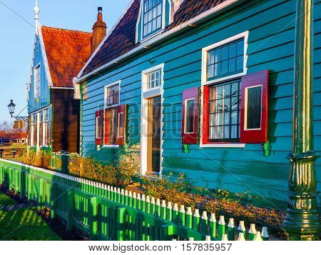 Facade Of The Tipical Dutch Building In Zaanstad Willage