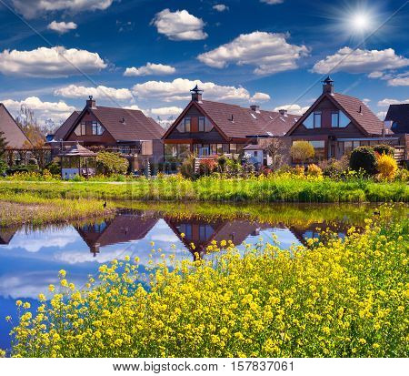 Tipical Dutch Village Zaanstad In Spring Sunny Day