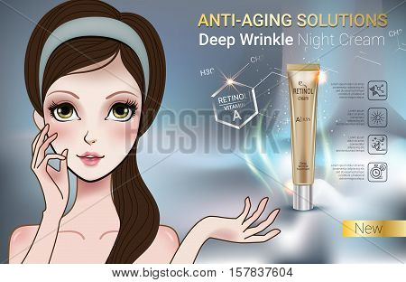 Retinol anti-aging cream ads. Vector Illustration with Manga style girl and Vitamin A cream tube.