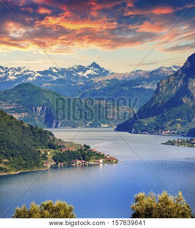 A Bird's Eye View, Colorful Summer Sunset On The Lake Iseo