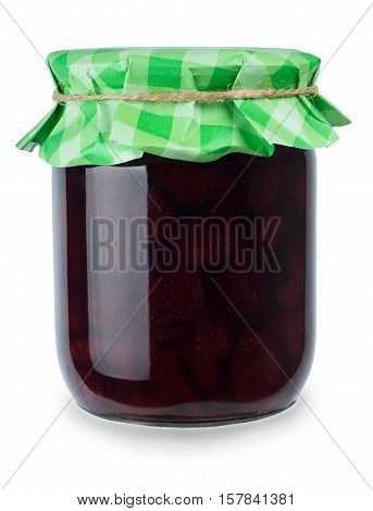 Strawberry jam. Glass jar of strawberry jam isolated on white background. Preserved fruits. Homemade strawberry jam in jar covered with green paper