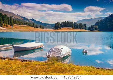 Boat Dock On The Lake Champfer Lake In Swiss Alps.