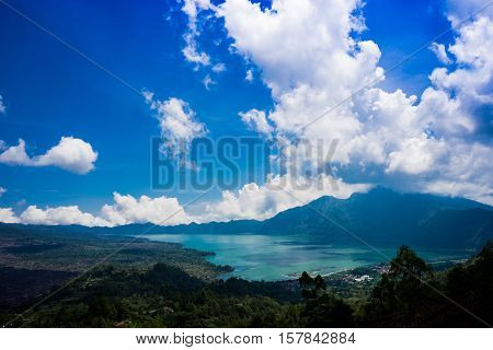 the widest lake called Batur at the feet of mount Batur in Bali