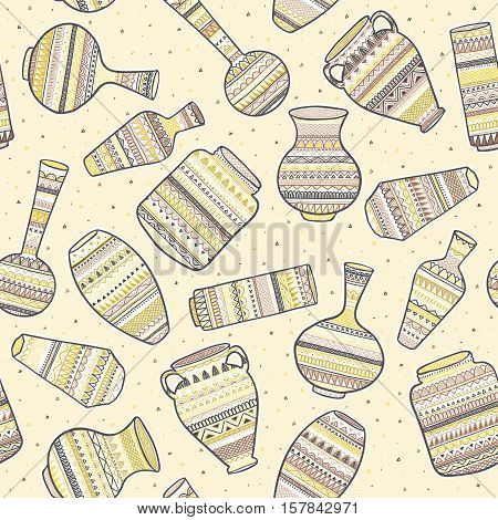 Seamless background with ethnic patterns on vases. Vector illustration EPS10.