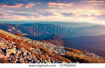 Colorful Autumn Sunrise In The Carpathian Mountains.