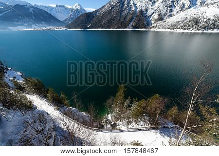 Winter landscape with mountain lake in the Alps Achensee AustriaTirol.