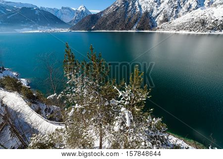 Mountain lake view snow landscape in the Alps Austria Achensee Tirol.