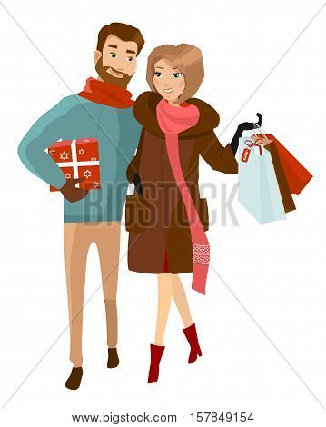 Man and woman in winter cloth with shopping bags. Family holiday shopping for Christams. Vector