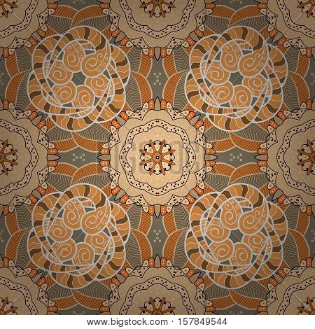 Seamless Floral Pattern On Brown Mandala Style. Vector Illustration.