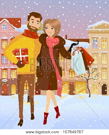 Man and woman in winter cloth with shopping bags. Family holiday shopping for Christams. Evening snowy street. Vector
