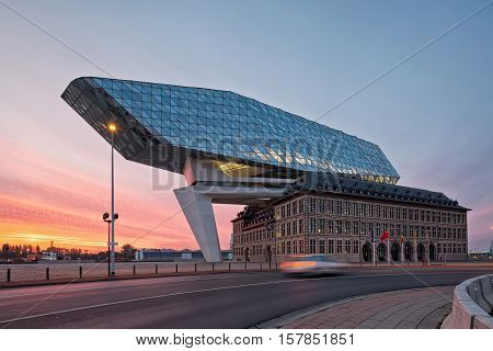 Antwerp Belgium - October 2016: The new Port House in Antwerp repurposes renovates into a new headaquarters for the port creates by Zaha Hadid her last project